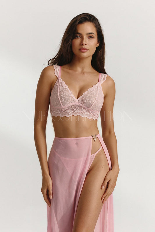 Nue Collection Blossom pembe dantel bralet uzun tül etekli sütyen takım – önden görünüm 2