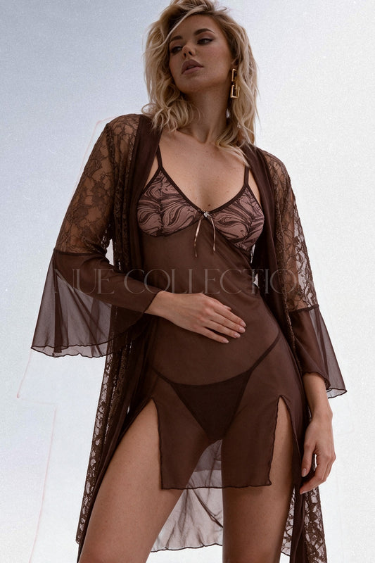 Nue Collection Toffee kahverengi dantel kupalı tül sabahlıklı gecelik takımı – önden görünüm 2