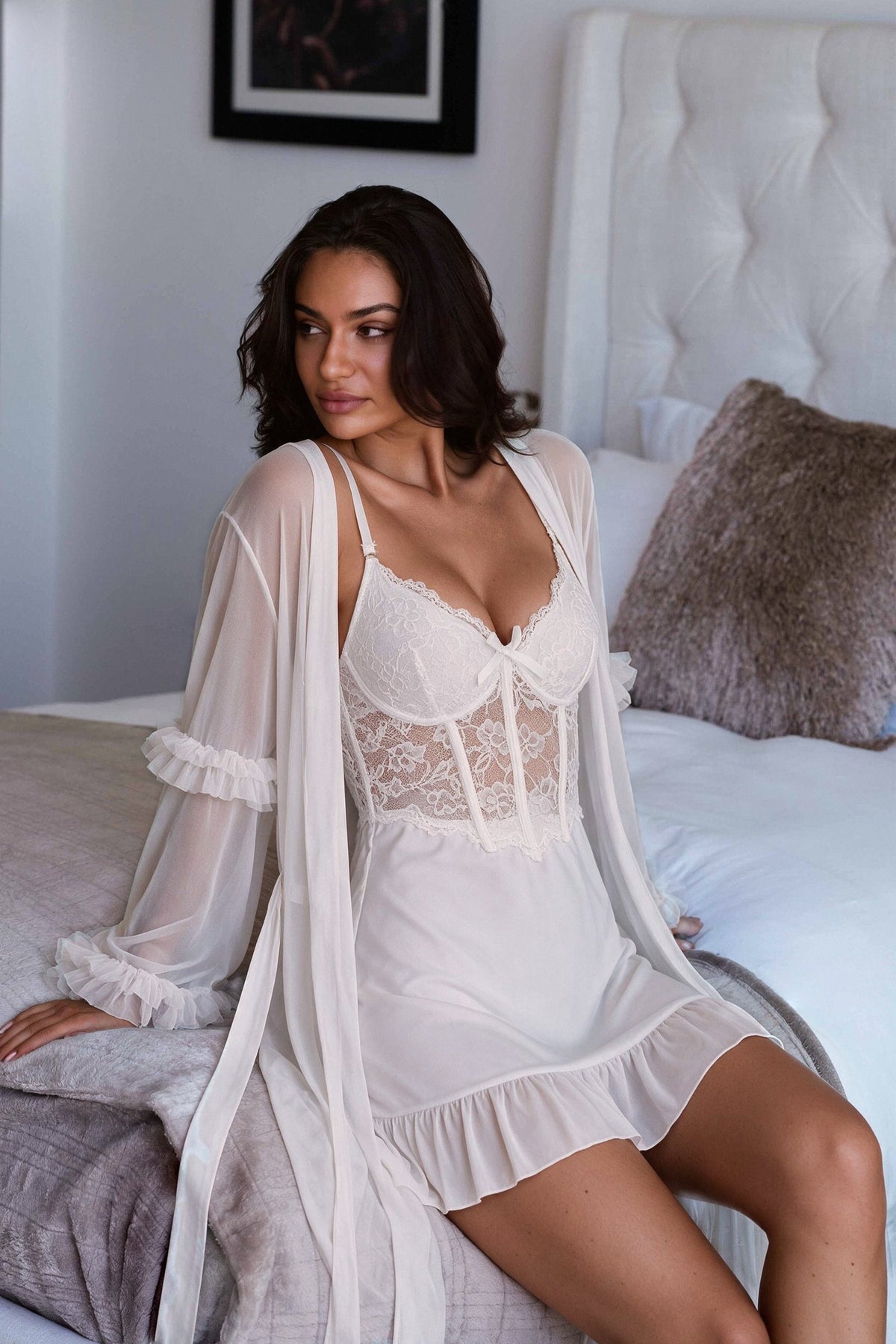 Nue Collection Avory Beyaz Fırfır Detaylı İkili Saten Takım – beyaz i̇kili saten takım, önden görünüm 3