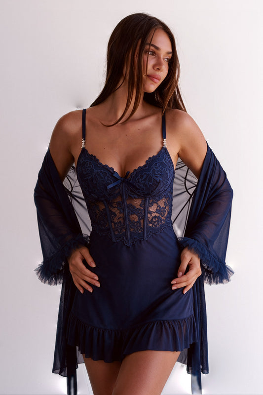 Nue Collection Azur Lacivert Tüy Detaylı İkili Saten Takım – lacivert i̇kili saten takım, önden görünüm