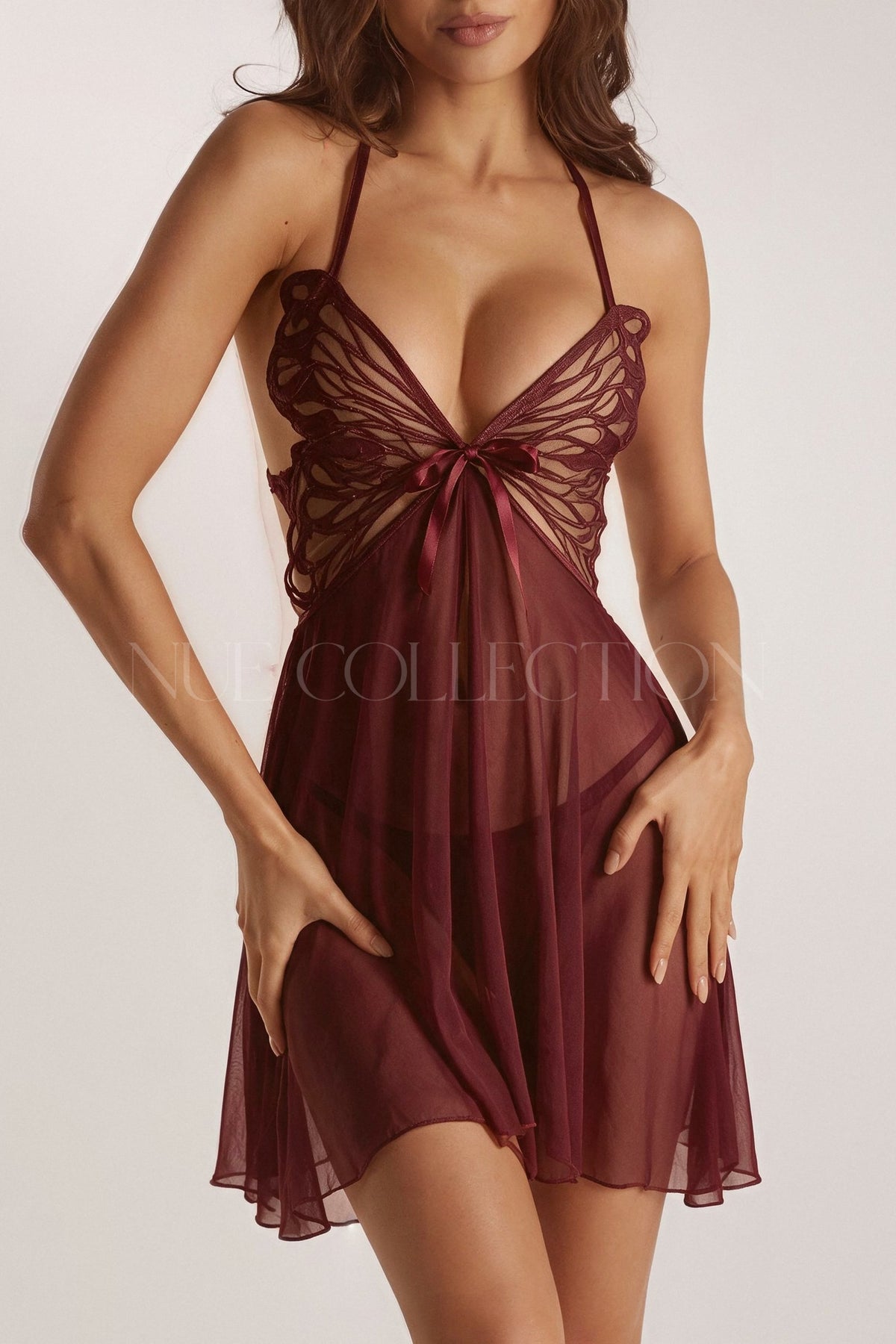 Nue Collection Soleil bordo halter önü açık asimetrik babydoll – önden görünüm 3