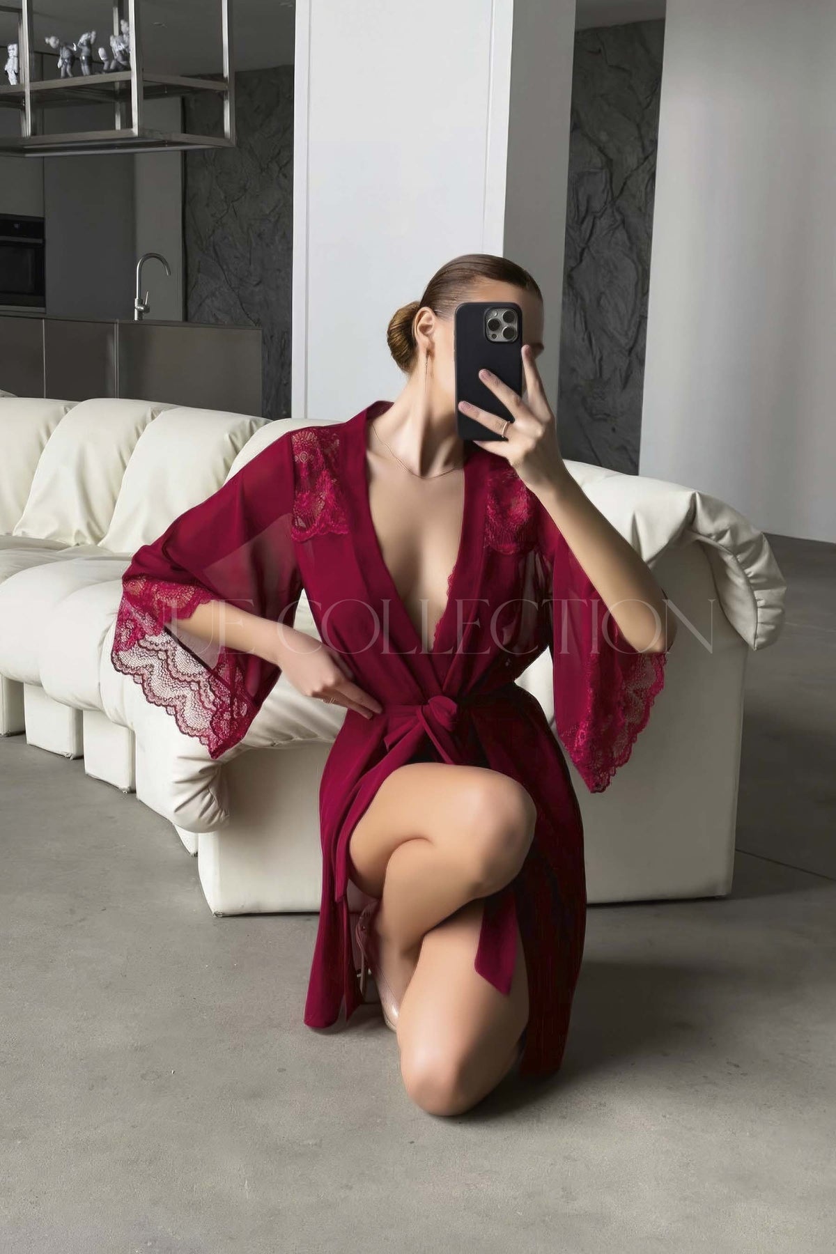 Nue Collection Yume bordo dantel kollu tül kimono sabahlık – önden görünüm 3