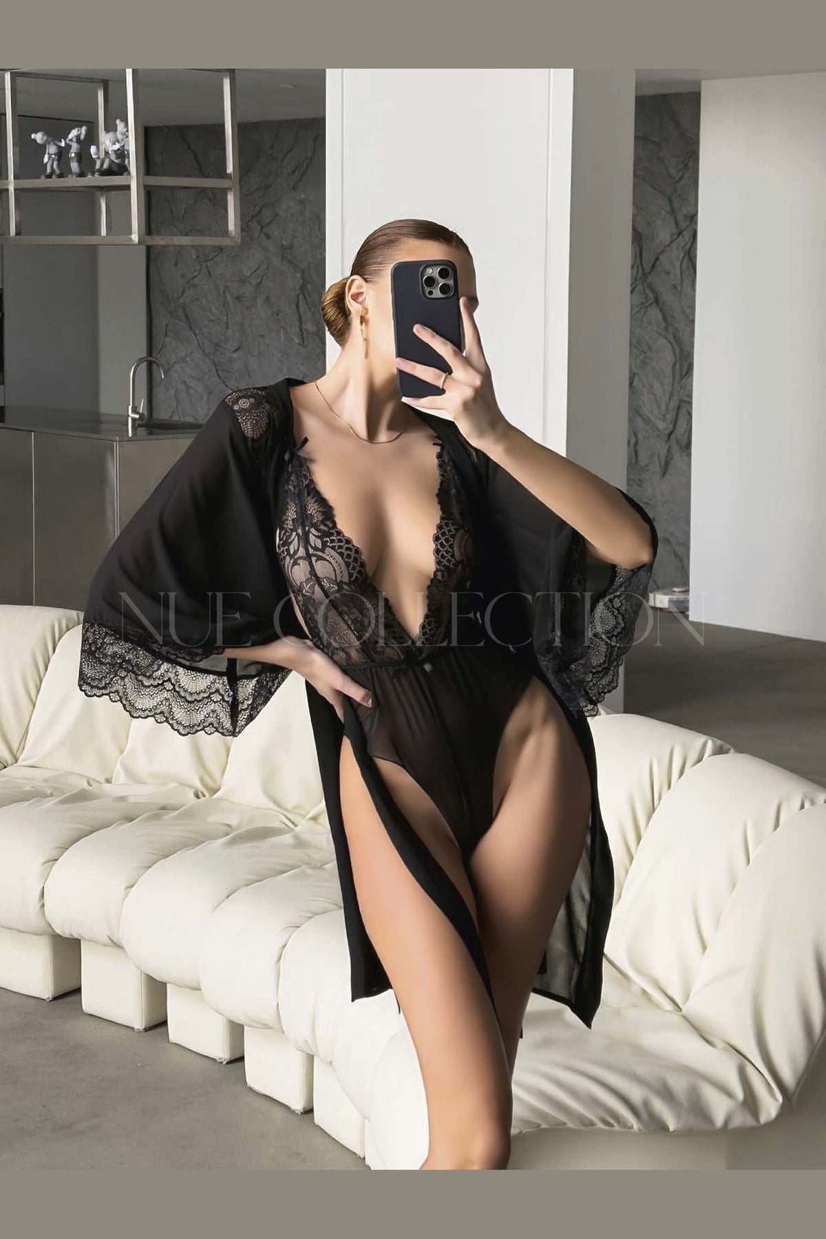 Nue Collection Yume siyah dantel kollu tül kimono sabahlık – önden görünüm 4